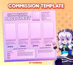 an anime character is standing next to a large poster that says commission price sheet on it