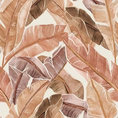 an artistic painting of leaves on a white background with pink and brown colors, in shades of beige