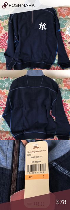 Long sleeve zip up sweater Navy blue New York Yankee Tommy Bahama sweater. Brand new. Purchased at Yankee stadium. Size small for men but fits women as well. Tommy Bahama Sweaters Zip Up Blue New York, Sweater Navy Blue, Yankee Stadium, Bahama Blue, Fits Women, Zip Up Sweater, Tommy Bahama, New York Yankees, Zip Ups