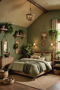 a bed room with a neatly made bed and lots of plants