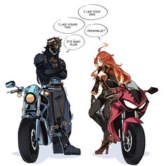 two people sitting on motorcycles with speech bubbles above them