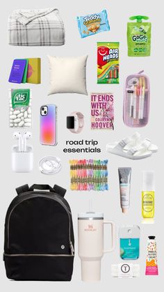 Road trip essentials! School Trip Essentials Packing Lists, Packing For 2 Day Trip, Road Trip Essentials Preppy, Road Trips Essential, Essentials For Road Trip, Road Trip Carry On, Fall Road Trip Packing List, What To Bring On A 2 Hour Road Trip, Girls Road Trip Essentials