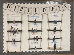 a birthday bulletin board with pictures of people hanging on the ropes and words that spell out happy birthday