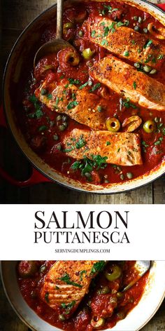 salmon in tomato sauce with olives and parsley on the side, served in a skillet