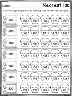 a worksheet for rounding numbers to 100 with cupcakes on the number line