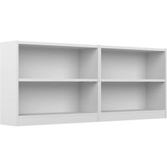 a white bookcase with three shelves on the front and two doors open to reveal an empty