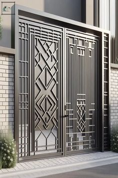 an art deco style gate is shown in front of a brick wall and bushes on the sidewalk