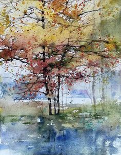 watercolor painting of trees in the fall