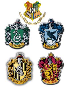 four harry potter hogwarts pin badges are shown in different colors and designs, one is