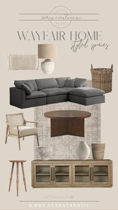 a living room design board with furniture and accessories for the sectional couch, coffee table, lamp