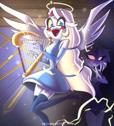 a cartoon character holding a harp with an evil look on her face and wings flying in the air