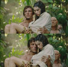 two pictures of a man and woman in the jungle, one is wrapped up with a blanket