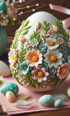 an easter egg decorated with flowers and leaves on a pink napkin next to other eggs