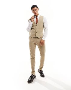 Suit jacket by ASOS DESIGN Do the smart thing V-neck Button placket Contrast back with an adjustable cinch Skinny fit Fitted Beige V-neck Blazer, Casual Fitted Blazer With Vest, Tailored Beige Vest For Business Casual, Slim Fit Business Vest For Spring, Casual Fitted Beige Suit, Fitted Casual Vest For Business, Spring Business Slim Fit Vest, Smart Things, Suit Vest