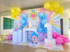 the birthday party is decorated with balloons, decorations and other items for children's birthdays