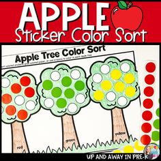 an apple color sort is shown with the words apples on it and three trees in different colors