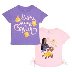 Bring delight and enchantment to your child's wardrobe with the Disney Wish Friends Are Magical Girls 2-Pack Short Sleeve T-shirt Bundle Set for Kids. These lovely t-shirts, inspired by the highly anticipated Disney film "Wish," captivates the wonderful essence of friendship and dreams, enchanting young hearts. This set comes in a variety of sizes and is made from 100% cotton fabric - a great combination of Disney's charm, comfort, design, and functionality. With these tees, kids can take a bit Wish Movie, Disney Graphics, Disney Wish, Disney Movie Night, Disney Film, Disney Charms, Purple Tee, Disney Friends, Comfort Design