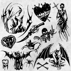 black and white drawing of various halloween images on paper with bats, skeletons, skulls, pumpkins and more