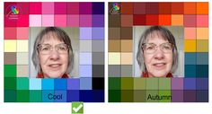 two pictures of an older woman with glasses and the same color scheme on her face