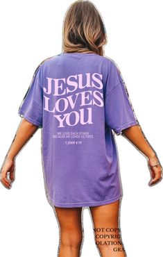 Purple Slogan Tops, Purple Short Sleeve Shirt With Letter Print, Purple Short Sleeve Shirt With Text Print, Relaxed Fit Purple Shirt With Letter Print, 1 John 4 19, Christian Merch, Jesus Is King, We Love Each Other, Love Like Jesus