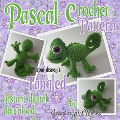 the crocheted frog is posed in three different poses