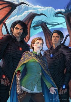 two men and a woman standing next to each other in front of dragon wings