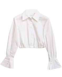 SIMKHAI White Cotton Poplin Button Up Blythe Shirt Collar Bracelet length sleeves; button cuffs Button down front closure Cropped length Elastic hem 63% cotton, 37% polyester Eyelet Shirt, Evening Jumpsuit, Tailored Design, Button Up Top, Casual Blazer, Collar Top, Cropped Style, Poplin Shirt, Crop Shirt