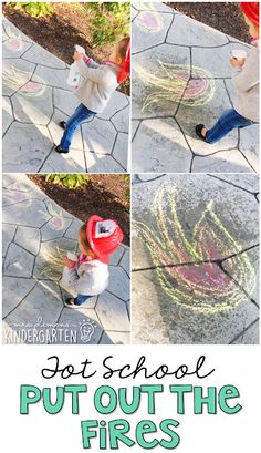 a child is drawing on the sidewalk with chalk and fire extinguishers