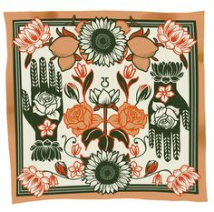 a square scarf with flowers and birds on it