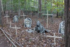 cemetery with headstones and crosses in the woods