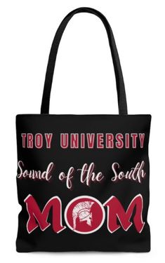 Troy University Sound of the South Tote Bag . High quality, durable tote bag perfect for carrying all your gameday essentials. .: 100% Polyester .: Boxed corners .: Black inner stitching, transparent thread on hems. .: Black cotton handles .: With non-woven laminate inside Troy University, Son Love, Black Cotton, Sound, Gifts For Mom, Tote Bag, Etsy Uk, Gifts