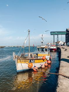 two boats tied up to the dock with seagulls flying overhead