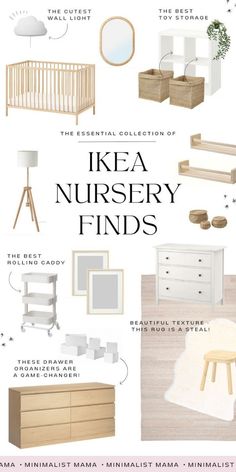 the ikea nursery finds guide is shown in white and beige, with text that says ike