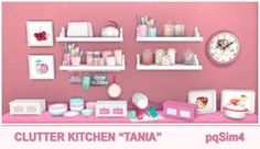 a kitchen with pink walls and shelves filled with different types of items, including cups