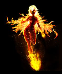 a woman in fire running through the air