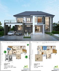 two story house plan with three car garages in the front and one bedroom on the back