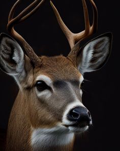 a close up of a deer with antlers on it's head and black background