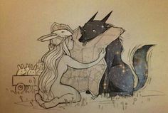 a drawing of a girl hugging a wolf with stars in the sky above her head