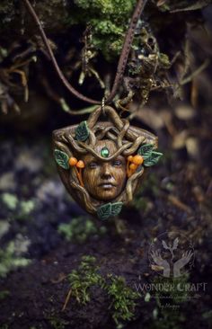 🌿Evoke the spirit of Mother Nature herself with this Handmade Necklace, an enchanting tribute to the Earth Goddess and the mystical realm of dryads and druids.  🍃This pendant is an original design that meticulously imitates the texture of wood, adorned with delicate growing mushrooms and leaves that capture the essence of nature's embrace.  ✨Crafted entirely from high-quality polymer clay. The cord is from natural cork, harmonizing beautifully with the pendant's nature-inspired aesthetic. ️Wea Handmade Fantasy Necklaces For Larp, Druid Jewelry, Polymer Clay Nature, Druid Aesthetic, Magick Symbols, Goddess Pendant, Earth Goddess, Inspired Aesthetic, Forest Spirit