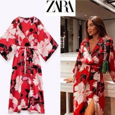 Never Worn! Lapel Collar Dress, Summer Cover Up, Kimono Maxi Dress, Sash Belt, Floral Kimono, Kimono Dress, Elbow Length Sleeve, Collar Dress, Zara Dresses