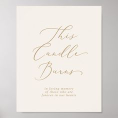 this candle burns card features gold foil lettering on white paper, with the words in cursive font