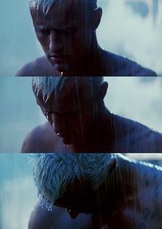 two different shots of a man with white hair and beards, in the rain