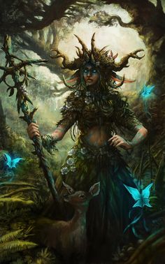 a woman with horns holding a stick in the woods, surrounded by plants and butterflies