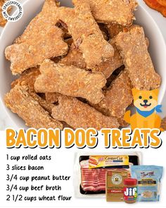 an advertisement for bacon dog treats in a bowl