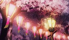 a street light in front of a tree with pink flowers on it and purple background