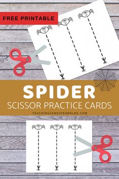 spider scissor practice cards with scissors and paper cutouts to make them look like they