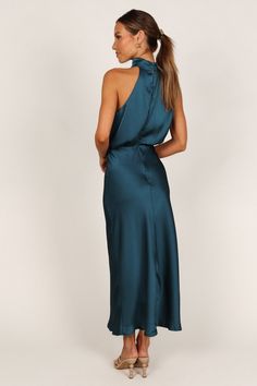 High Neck Dress With Ruched Back For Party, Party Dress With Ruched Back And High Neck, High Neck Dress With Ruched Back For Date Night, Elegant High Neck Midi Dress For Date Night, Satin Dress With Pleated Back For Date Night, High Neck Satin Dress For Date Night, Satin High Neck Dress For Date Night, Chic High Neck Dress With Ruched Back, Sleeveless Satin Midi Dress With Ruched Back