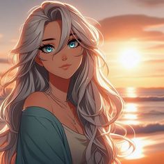 a woman with long gray hair and blue eyes stands on the beach at sunset, looking off into the distance