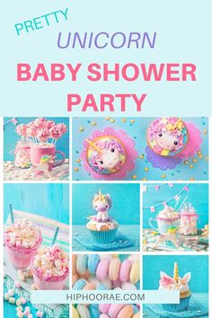 unicorn baby shower party with pink, blue and yellow decorations on the table including cupcakes