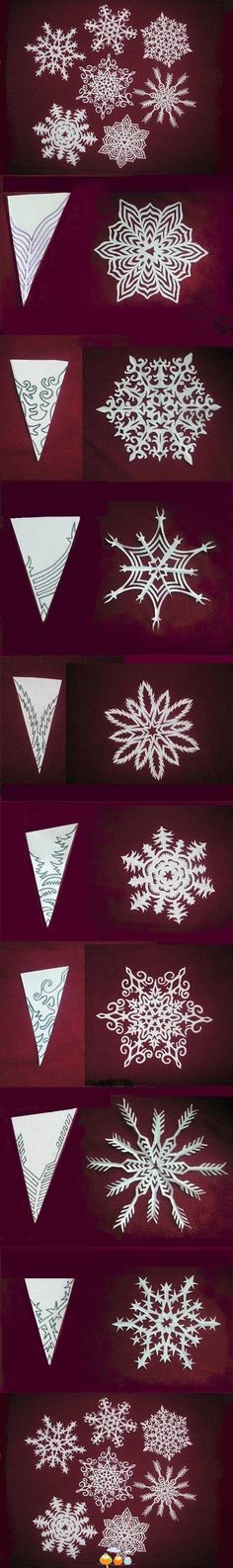 an array of snowflakes are shown in red and white